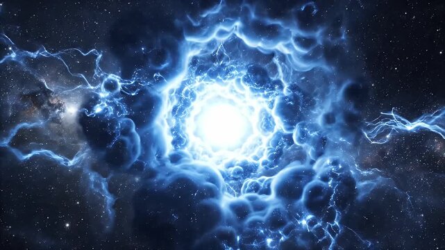 Cinematic Blue Cosmic Wormhole Nebula with Glowing Energy and Electric Lightning Effects in Outer Space