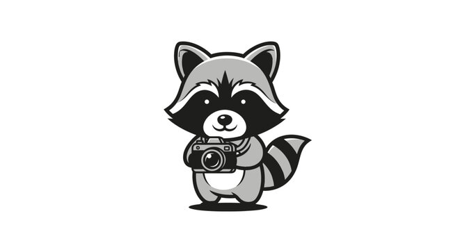 Cute chibi raccoon mascot logo holding a professional camera. Minimalist flat design vector illustration of a forest animal photographer mascot for branding and photography studio.