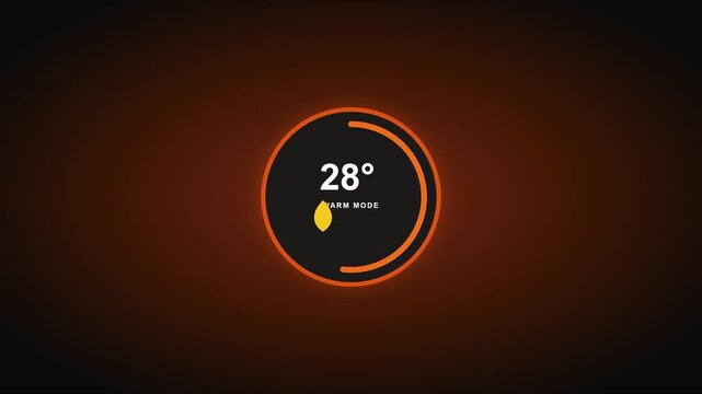 Smart home thermostat interface displaying 28 degrees warm mode setting animation 4k temperature control