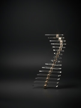 3D render of spiral staircase made of transparent glass plates with metallic core on dark background with copy space