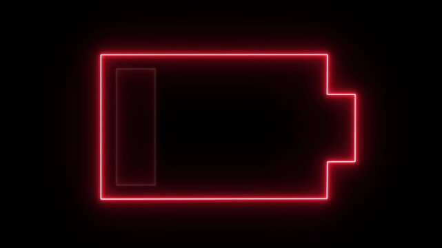Low battery indicator light with neon red pulsing glow effect on black background showing warning symbol for empty energy level on digital mobile device.