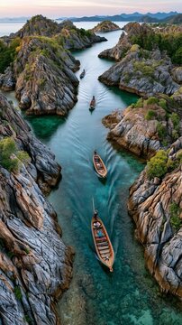 AI generator images of traditional fishermen navigating wooden boats through limestone islands , crystal-clear sea water, authentic maritime lifestyle, documentary photography documentary photography,