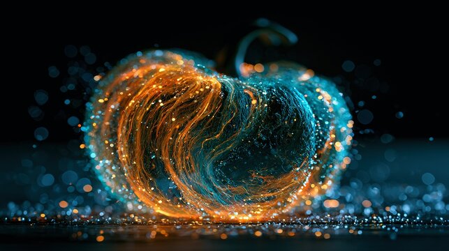 Abstract magical swirls of orange teal light forming shape of pumpkin, sparkling bokeh, ethereal particles positioned in enchanted garden clearing