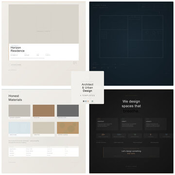 Minimalist architectural branding template kit highlighting residential case studies, floor plans, and material selections
