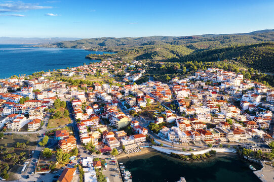 Aerial view of Neos Marmaras coastal town in Halkidiki, Greece