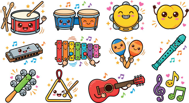 Cute Musical Instrument Sticker Vector Illustration Set Featuring Kawaii Smiling Guitar, Drums, Xylophone, Maracas, Tambourine, and Notes Graphics for Kids Education