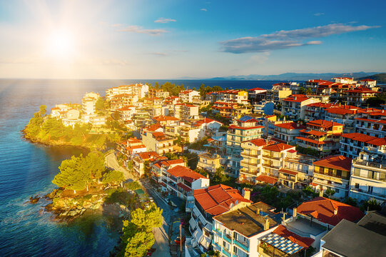 Aerial view of Neos Marmaras coastal town in Halkidiki, Greece