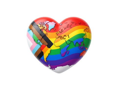 Heart shaped world map with pride flag. Global LGBTQ+ community and diversity concept.