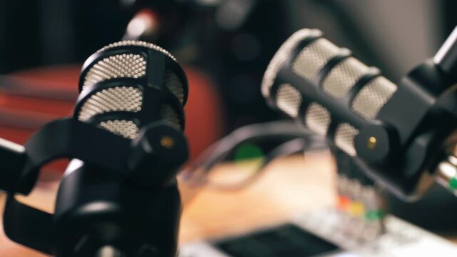 Podcast Live streaming, man radio presenter with microphone, talk show or entertainment. Content creator podcast host in studio for recording audio social media, live concert show. 