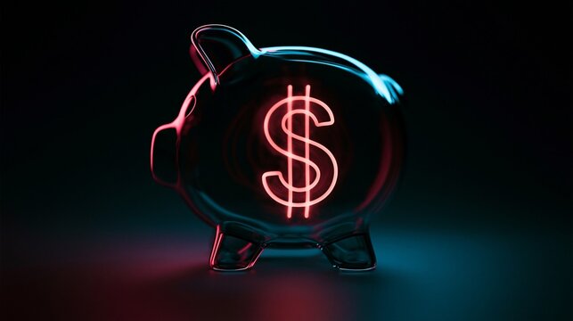 Neon glowing piggy bank with a dollar sign.