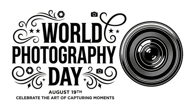 Decorative vintage style typographic design for world photography day celebration featuring a camera lens icon and artistic flourishes on white background