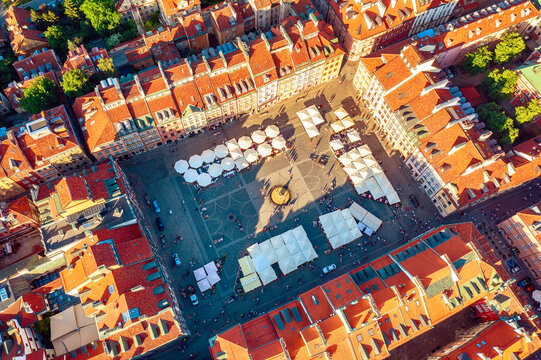 Aerial view of historic market square in Warsaw, Poland