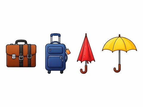 Cartoon vector icons of travel luggage, briefcase, and umbrellas