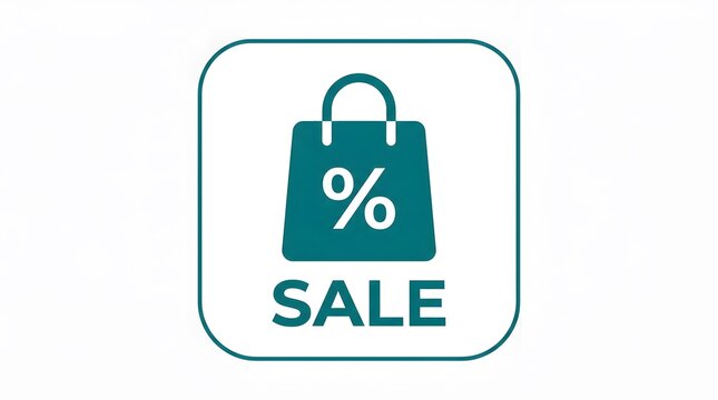 Shopping bag with percentage symbol and text sale inside square frame on white background symbol for discounts and special offers in retail and online stores.