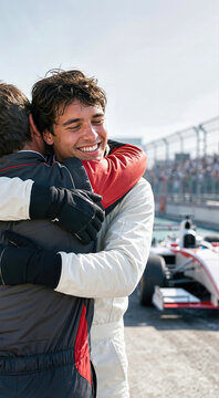 Happy race car driver embracing teammate in emotional hug after winning motorsport competition. Smiling driver in white and red suit celebrating victory with crew partner in pit lane under sunlight
