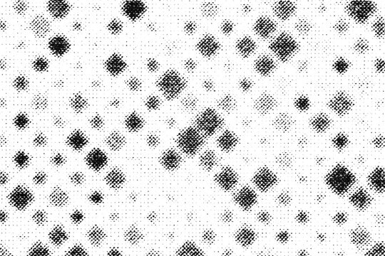 Irregular black square dots create a loose monochrome pixel pattern.