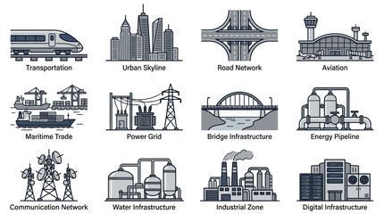 Fototapeta premium Technical urban infrastructure and industrial utility icons.