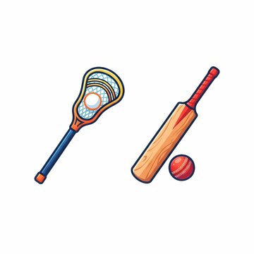 Lacrosse stick with ball and wooden cricket bat with red ball vector design