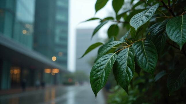 Enfoque selectivo en las hojas cubiertas de lluvia de un &aacute;rbol urbano; oficina moderna