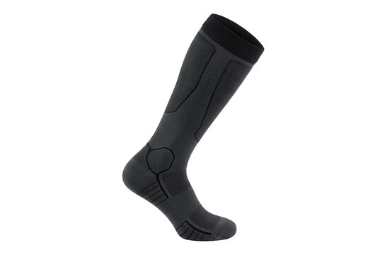 Black athletic compression sock with textured pattern.