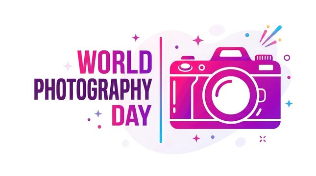 Creative graphic design celebrating world photography day featuring a stylized purple camera icon with decorative elements on a clean white background