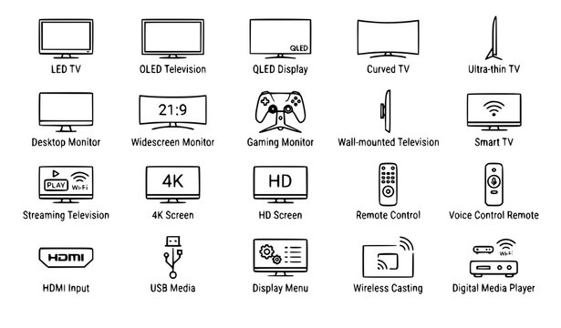 Modern Smart TV Outline Icon Collection with Remote Monitor LED OLED and UHD Display Vector