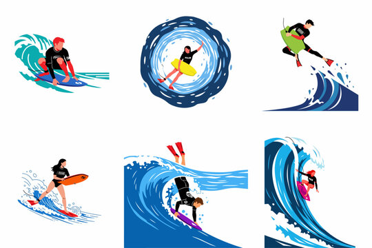 Set of six dynamic bodyboarding illustrations featuring surfers performing tricks on powerful ocean waves in a modern flat graphic style.