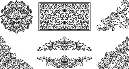 Vintage Baroque Ornament Element Collection Featuring Engraved Floral Medallion Acanthus Scroll Corners Rectangular Panel Border and Classic Fleur De Lis Dividers © SAHEDUL