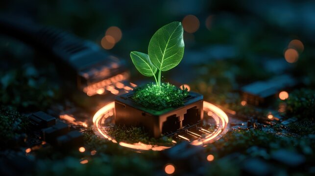 A green plant sprouts from a central chip on a glowing circuit board, symbolizing the fusion of technology and nature.