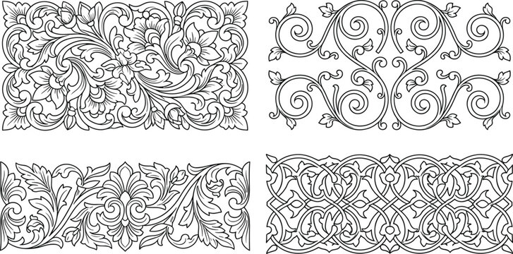 Vintage Ornamental Border Pattern Set Featuring Baroque Acanthus Foliage Intricate Interlocking Arabesque Panels and Classic Symmetrical Filigree Scrollwork Designs