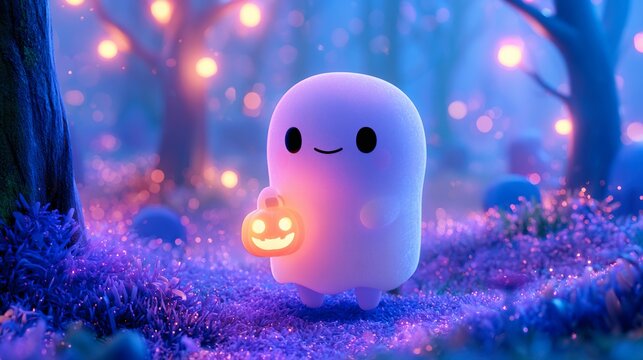 Friendly translucent ghost holding small glowing carved pumpkin like lantern situated under twilight night canopy with ambient glow magical atmosphere