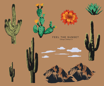 Hand drawing Elements Desert Mountain, Different Cactus, Flowers, Mountain, sky. make a print design. summer desert print design. 