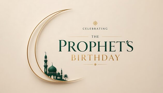 Islamic commemoration the prophet's birthday with golden crescent moon and miniature mosque silhouette birthday crescent silhouette religion celebration tradition spiritual greeting