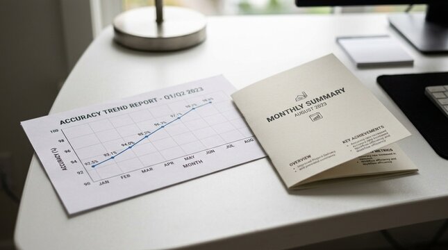 Accuracy trend chart printout resting beside a folded monthly summary on a desk
