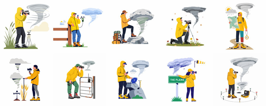 Set of flat vector illustrations depicting storm chasers documenting and measuring tornadoes using cameras, sensors, and scientific equipment in various outdoor settings.