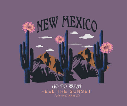 women's fashion print design. hand drawing desert tee shirt tops graphic artwork. cactus tree with mountain illustration. feel the sunset text slogan. 