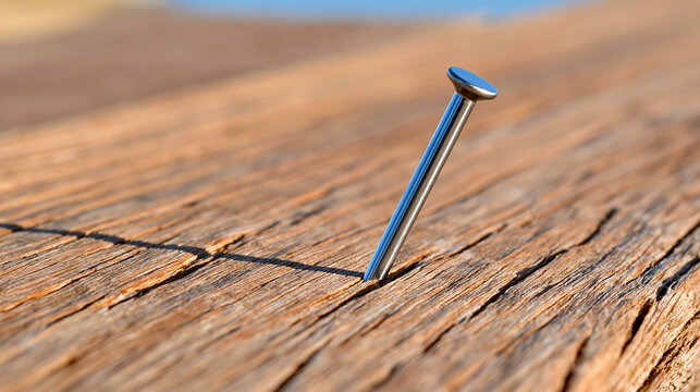 Metal nail sticking out of wooden surface in natural light  