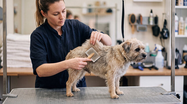 Dog grooming session with a small dog on a salon table
