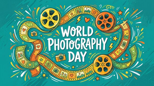 Colorful hand drawn illustration celebrating world photography day with vintage film reels and artistic decorative elements on a teal background design