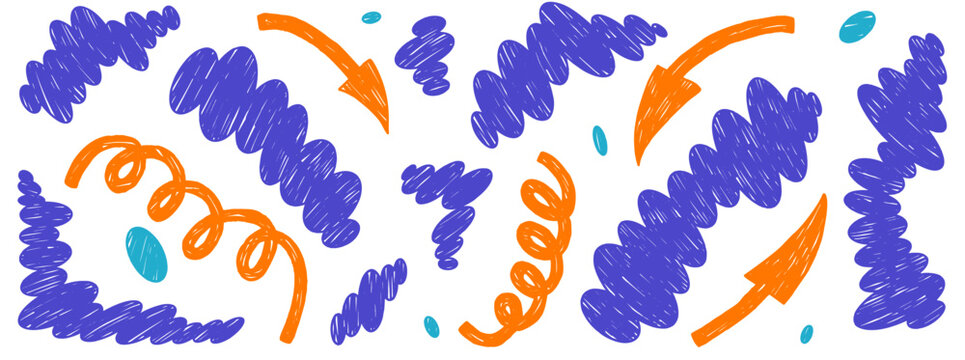 Cloud and crayon organic shape with arrow blob amoeba and dots. Soft crayon doodles with freeform fluffy cloud and squiggle for kid scrapbook. Vector set isolated pack for promo playful design project