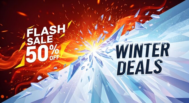 Flash sale winter deals banner design with shards of breaking ice and explosive fire background for seasonal clearance promotions and high energy retail marketing during holiday shopping.