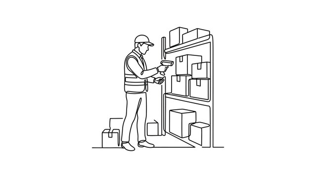 Line art illustration of a warehouse worker scanning boxes with a barcode reader near a shelf.