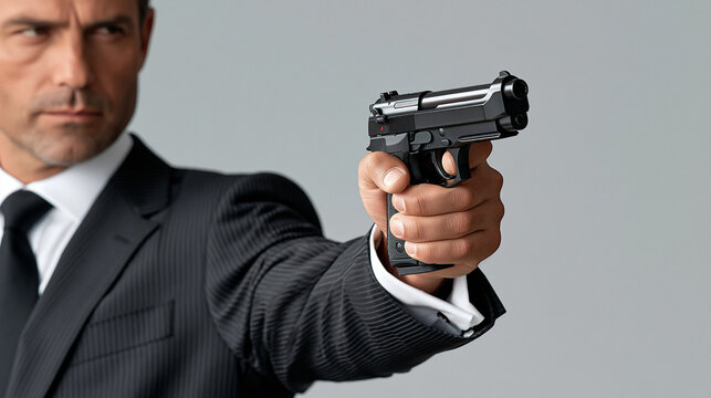 Man in suit holding a handgun and aiming with serious expression  