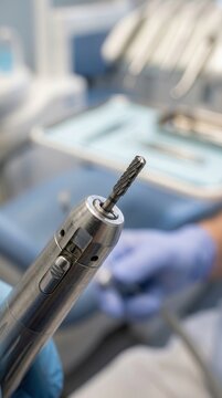 Dental Drill Handpiece Held by Gloved Hands in a Sterile Clinical Environment for Precision Oral Surgery and Routine Dental Maintenance Procedures