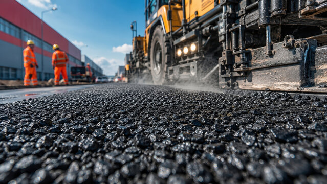 Fresh asphalt paving on highway, close up texture of laid road surface, asphalt paver machine in action, construction workers in hi-vis gear, road maintenance, infrastructure development