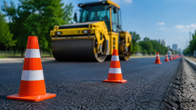 Road construction traffic cones on fresh asphalt, road maintenance paving, highway repair zone, transportation infrastructure upgrade, heavy roller machinery, traffic management, safety