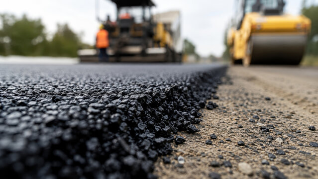 asphalt paving machine laying hot mix asphalt on highway lane, road resurfacing operations with roller compaction, pavement engineering for road rehabilitation, aggregate base layer