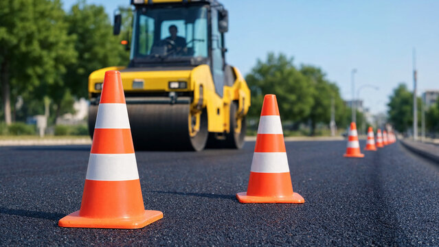 road resurfacing with traffic cones and compactor roller on fresh asphalt, urban construction site, street maintenance work, safety zone, road repair process, public infrastructure, pavement leveling
