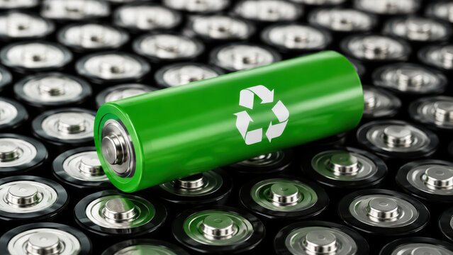 Recyclable green rechargeable battery with recycling arrows on metal cells, sustainable power storage, clean technology, renewable energy, electronic waste collection, eco friendly battery