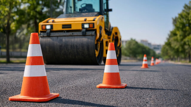 Roadwork traffic cones in foreground with steamroller resurfacing asphalt, urban maintenance, construction safety, highway paving, daytime road repair, lane closure markers, traffic control